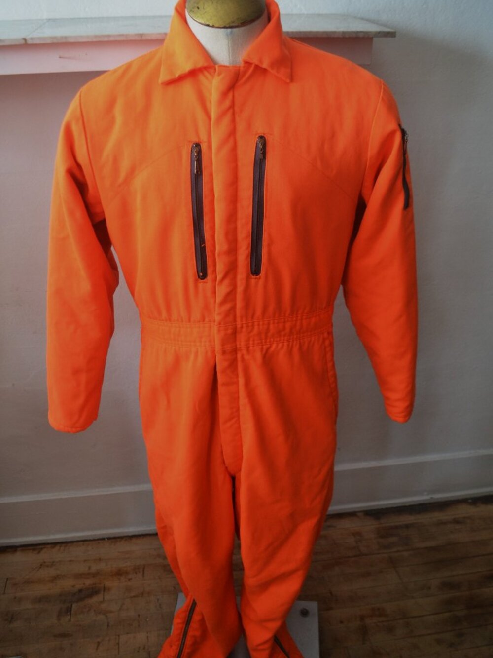 Vintage Blaze Orange Insulated Coveralls: Mechanic Snowmobile Suit (Size 44)